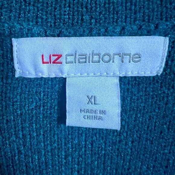 Liz Claiborne Cardigan Sweater Teal Long Lined One Button Closure Pockets XL - Picture 8 of 11